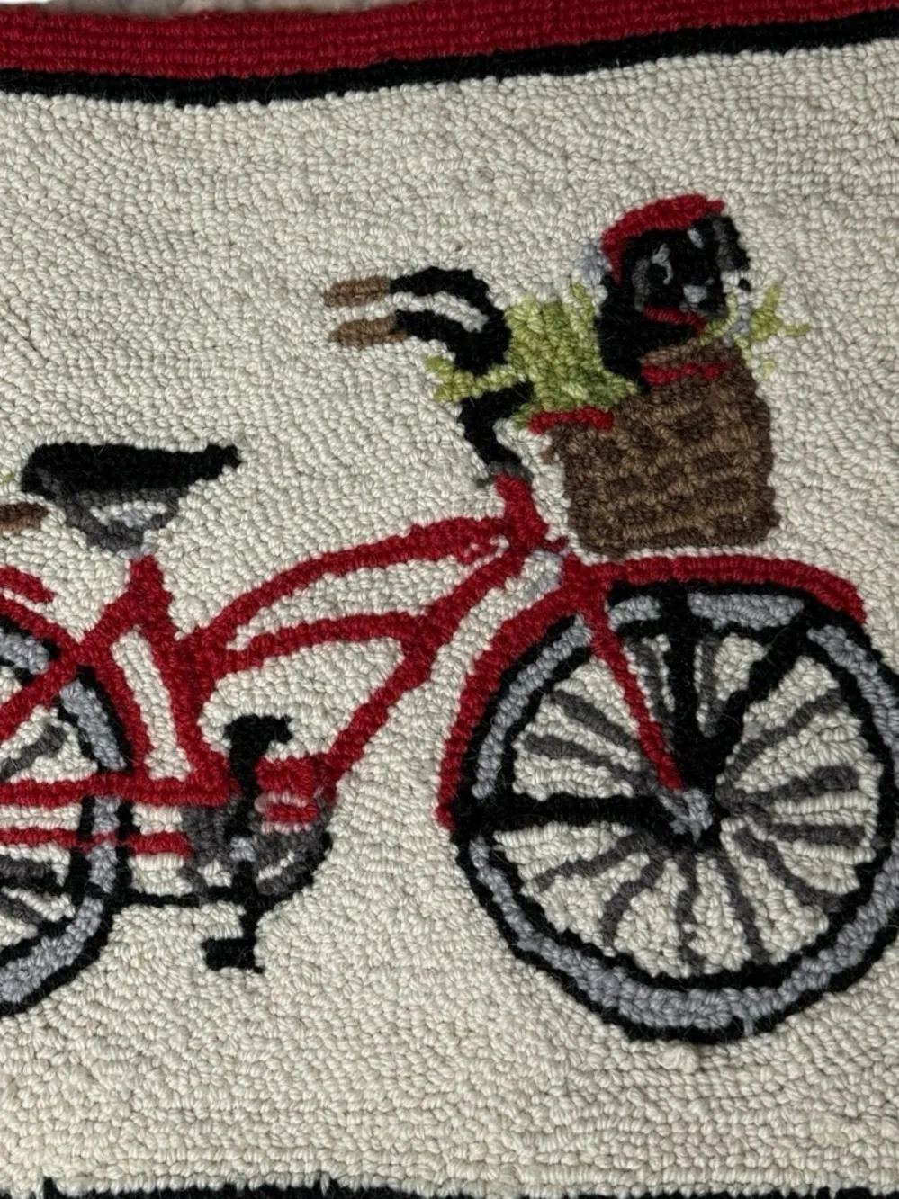 Red Bicycle Hooked Accent Pillow Cover with Cream Background